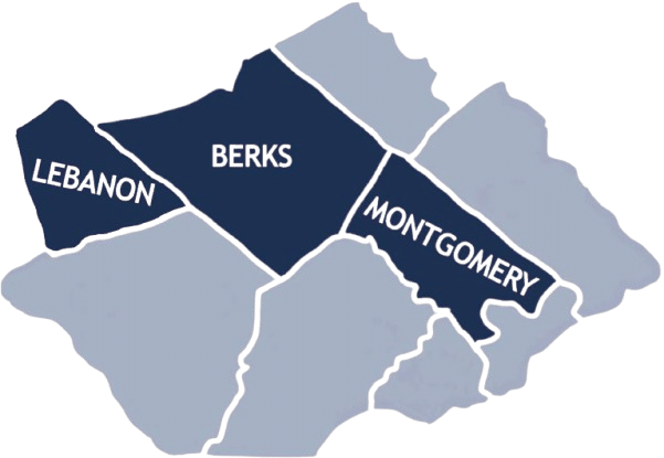 Service area map highlighting Berks, Montgomery, and Lebanon counties.