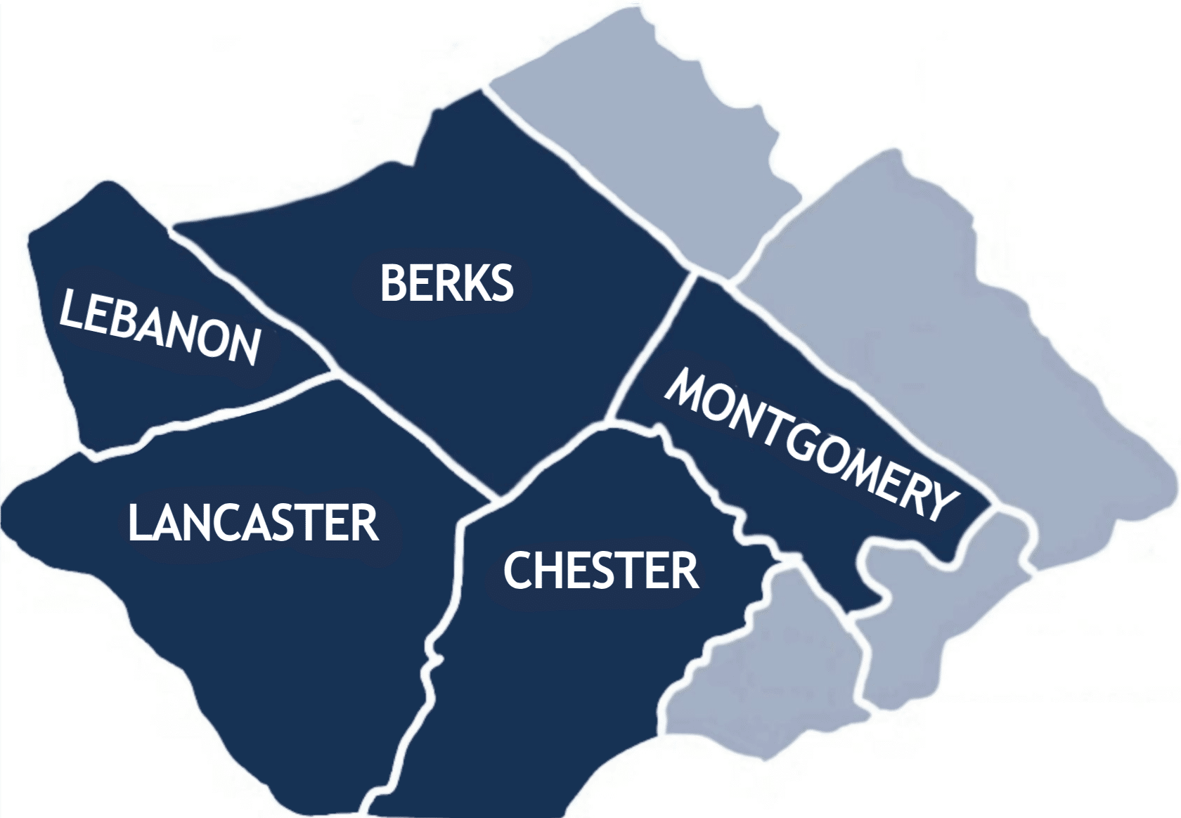 Service area map highlighting Berks, Montgomery, Lebanon, Lancaster, and Chester counties.