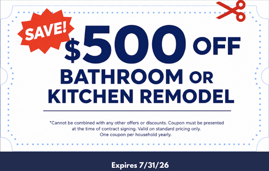 $500 off kitchen or bathroom remodeling promo.
